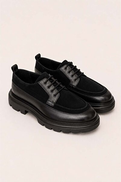 VARNAS Men's Black Genuine Leather and Suede Lace-Up Thick Sole Casual Shoes ...
