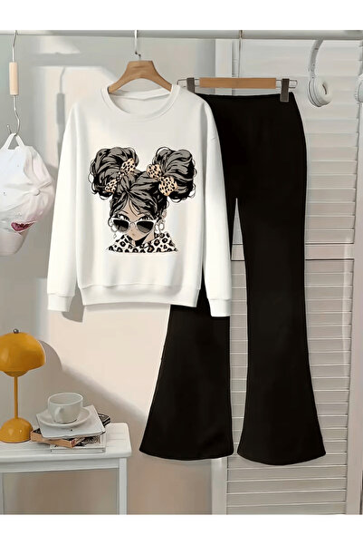 Cevval Girl's Crew Neck Sweatshirt and Spanish-Cut Leggings Set