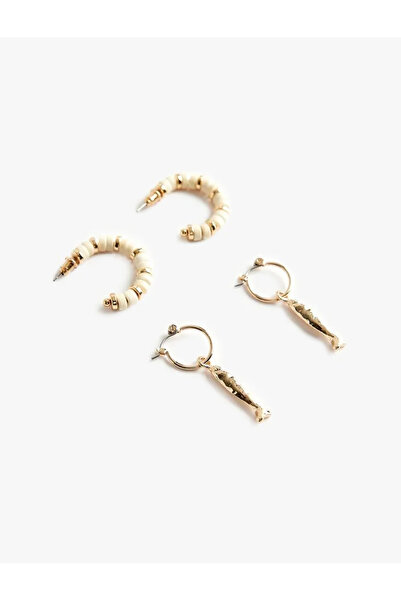 Koton Women's Beaded Fish Charm 2-Piece Hoop Earring Set