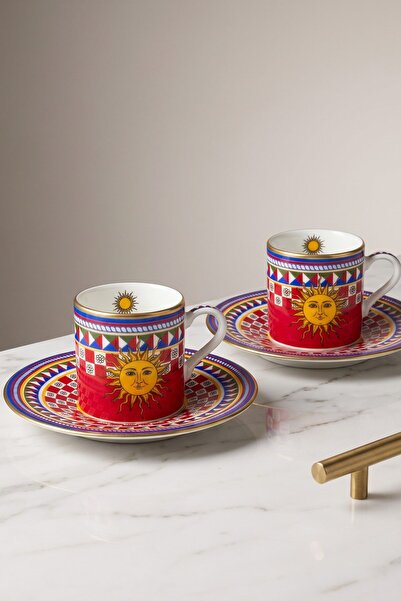 RUBİ PORSELEN Sun-Themed Luxury 2-Person Coffee Cup Set 4 Pieces - Red