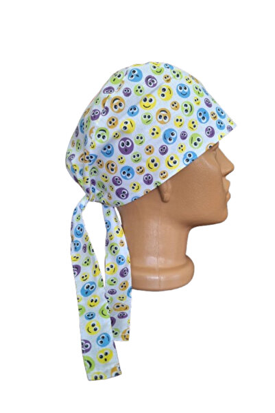 MariaCouture Boneta medicala din bumbac, albă cu imprimeu emoji colorat, mări...