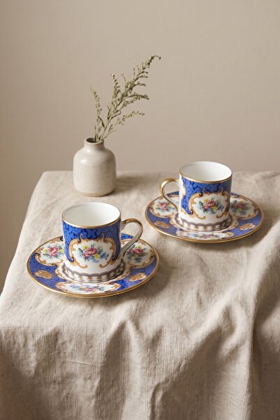 RUBİ PORSELEN Bleu Royale Luxury 2-Person Coffee Cup Set 4 Pieces - Blue / Fl...