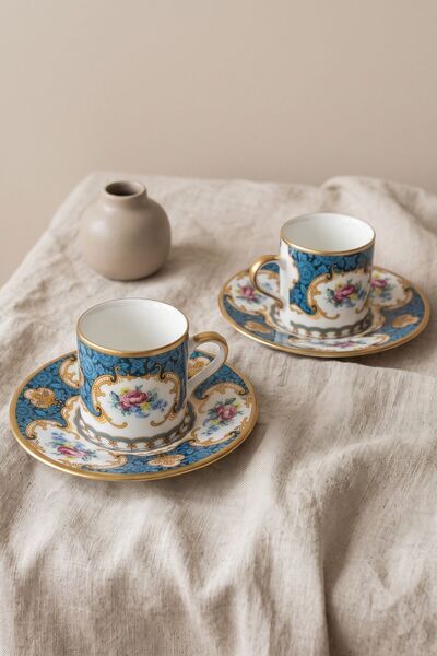 RUBİ PORSELEN Turkuaz Royale Luxury 2-Person Coffee Cup Set 4 Pieces - Turquo...