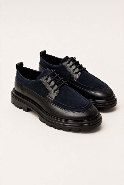 VARNAS Men's Navy Blue Genuine Leather and Suede Lace-Up Thick Sole Casual Sh...