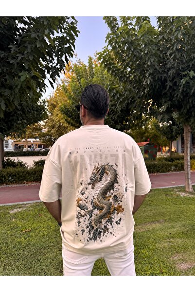 Erkek Krem Özel Tasarım Yarım Oversize Tişört