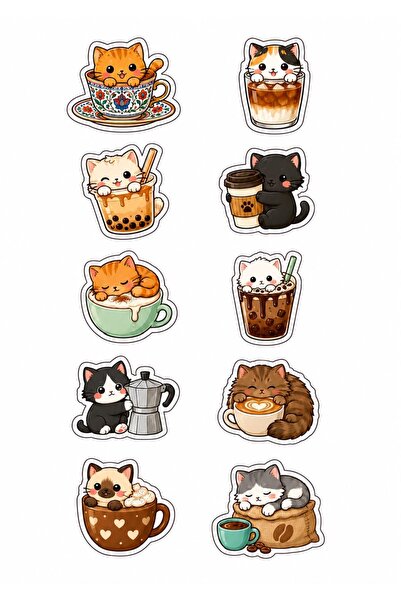 Kedi Figürlü Mini Sticker -10Adet