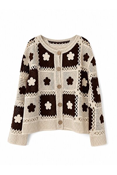 Retrobird Lottie Floral Motif Buttoned Crochet Cardigan Women's Cream - Brown