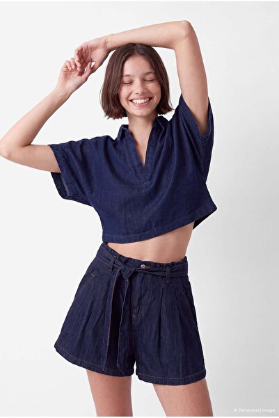 PAULMARK Women's V-Neck Denim Cropped Shirt