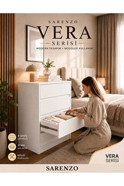 Sarenzo Vera 4 Çekmeceli Şifonyer Beyaz Modern Yatak Odası Şifonyeri