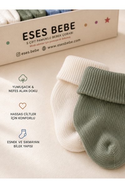 ESES BEBE Organik Pamuk Unisex 5'li Kutulu Premium Yeni Doğan Bebek Çorabı