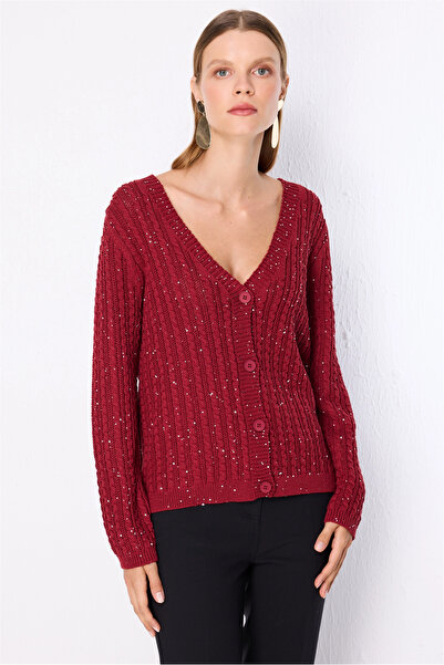 ON TRİKO Knitted Patterned Sequined Knitwear Cardigan 10910