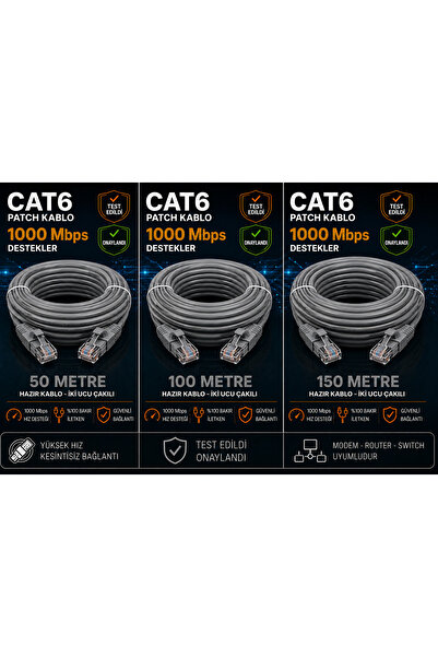 Mekas CAT6 Lan Ethernet Kablosu Kablo 1 Metre RJ45 Hazır İki Ucu Çakılı 1000 ...