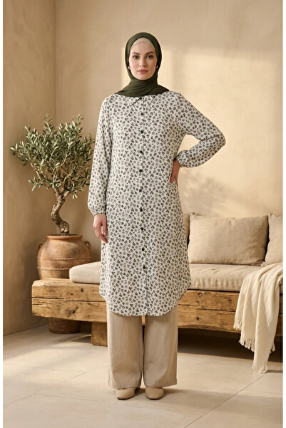 sefamerve Buttoned Floral Patterned Tunic 0356-05 Stone
