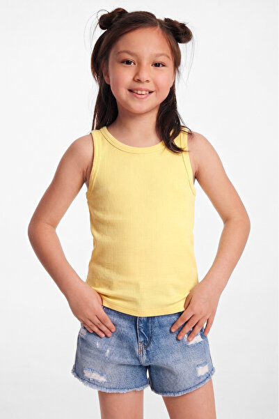 ETHIQUET LILLESOL KIDS Organik Pamuklu Fitilli Görünümlü Havuz Yakalı Kız Çocuk Koyu Sarı Atlet