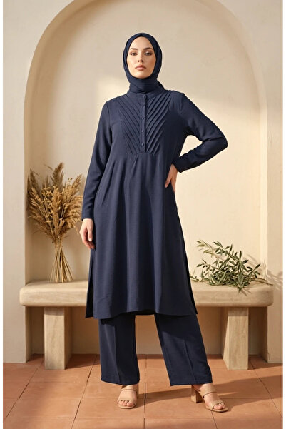 sefamerve Hakim Collar Ribbed Aerobin Hijab Double Set 5646-01 Navy Blue