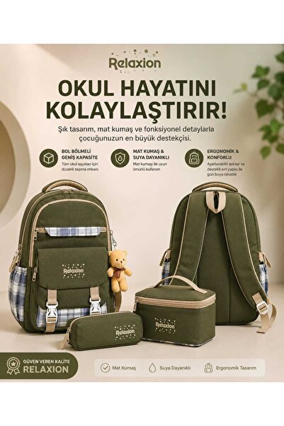 Relaxion 1396 Mat Kumaş Okul Sırt Çantası 3’lü Set – Termostatlı Beslenme Çan...
