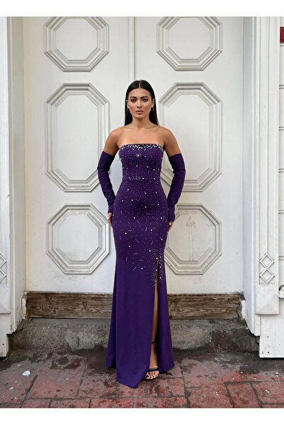 INFİVENTO Women's Modern Strapless Long Sleeve Animal Fish Cut Evening Dress