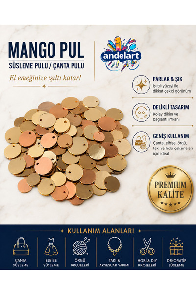 andelart 20 mm Gold Altın Renk Mango Pul Çanta Pulu Süsleme Pulu Payet Pul 10 Gr