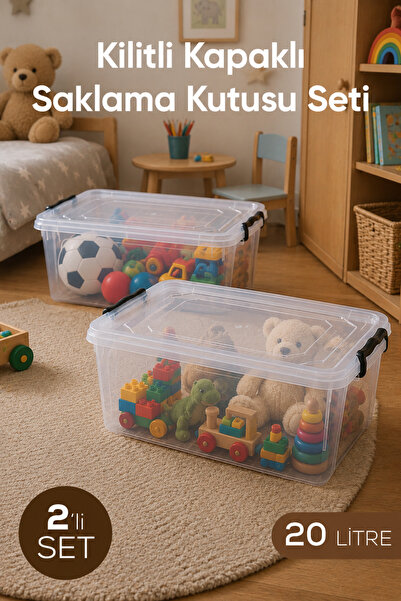 Wumboo 2-Pack 20 Liter Transparent Toy Box, Lockable Lid, Kids' Room Organize...