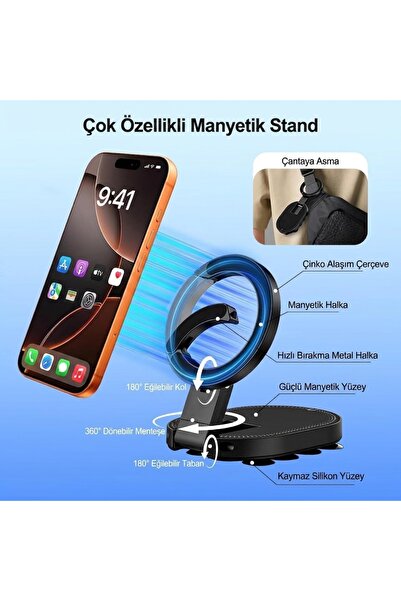 Modifiyum Çok Fonksiyonlu Katlanabilir Mıknatıslı Telefon Tutucu Stand 18 Vantuzlu 360° Dönebilir