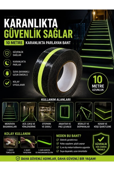 gaman 10 Metre Gece Parlayan Fosforlu Kaydırmayan Merdiven Bandı Yürüyüş Yolu...