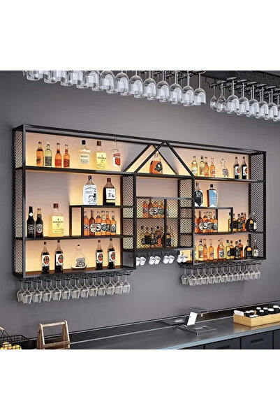 kold concept ŞRP9834 Modern Demir Duvara Monte Şarap Rafı ve Kadehlik