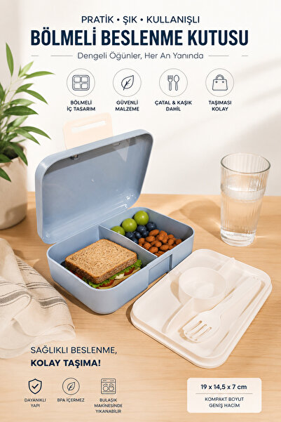MAKRİ HOME Compartmented Lunch Box with Fork and Spoon Set, Gray, 19 X 14.5 X...