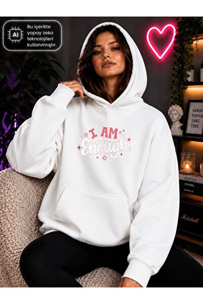 caddekombin Women's I Am Enough Written Hooded Cotton Casual Sweatshirt with ...