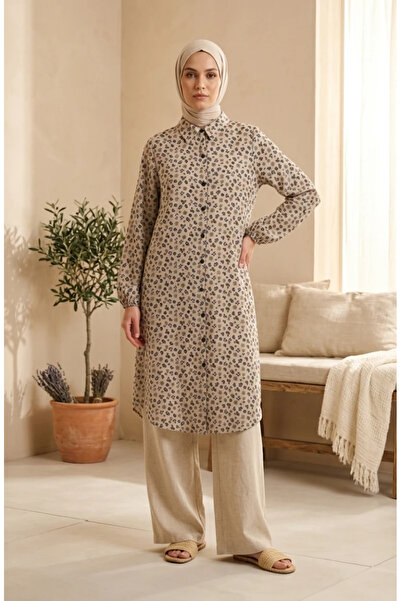 sefamerve Buttoned Floral Patterned Tunic 0356-04 Mink