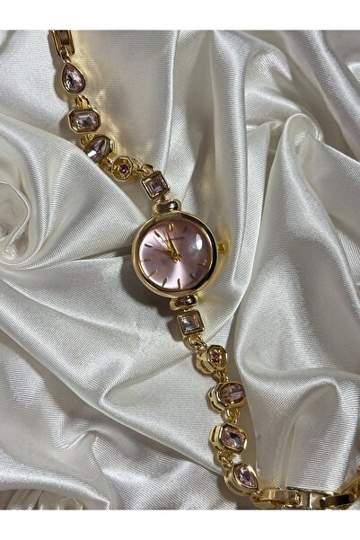 Mihristore Pembe Taşlı Pinterest Saat Kadın Kol Saati Bileklik Saat Gold Kadı...
