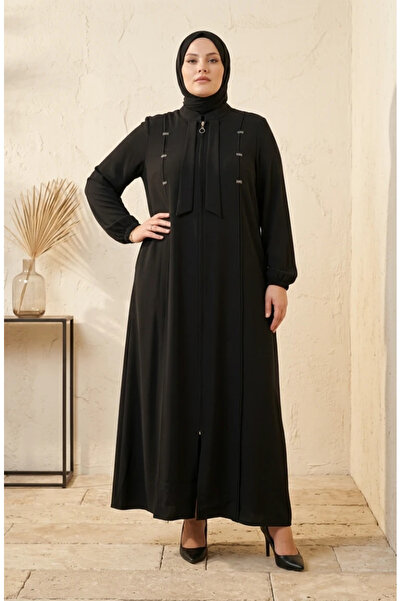 sefamerve Large Size Stone Detailed Zippered Robe 6371-05 Black