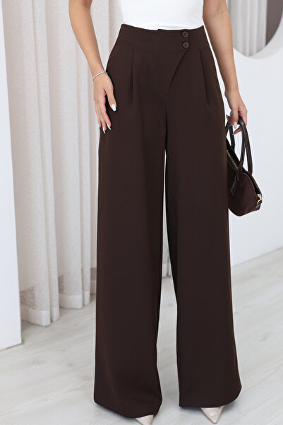 deqfashion Women's Bitter Brown Asymmetrical Belted High Waist Pleated Palazz...