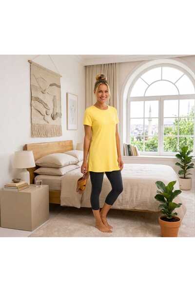 ModaLeaf Women's Yellow Short Sleeve Cotton Crew Neck Combed Cotton Tunic-Und...