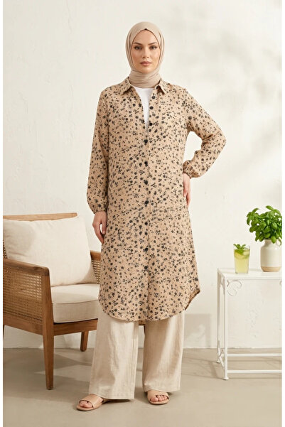 sefamerve Shirt Collar Buttoned Daisy Patterned Tunic 0355-05 Beige