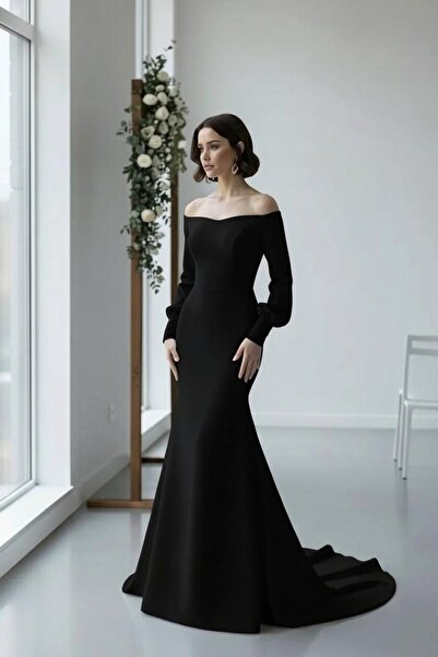 ENDAMIM Boat Neck Mermaid Dress Long Sleeve Balloon Sleeve Lined Zippered Wed...