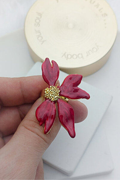 KYOLA DESİGN Red Pearlescent Adjustable Big Flower Women's Ring