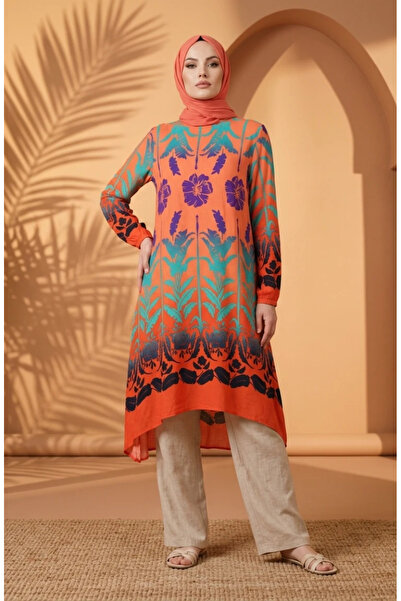 sefamerve Viscose Fabric Patterned Tunic 1008-01 Orange Purple