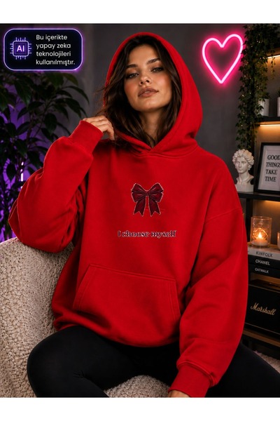 caddekombin Women's Red Bow Printed I Choose Myself Written Hooded Kangaroo P...