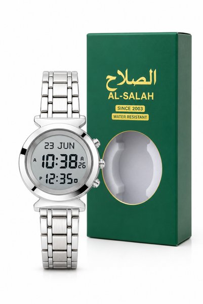 AL-SALAH Ladies Digital Wrist Watch for Women – Silver Stainless Steel Bracelet, Round Display, Day & Date Display, Water Resistant
