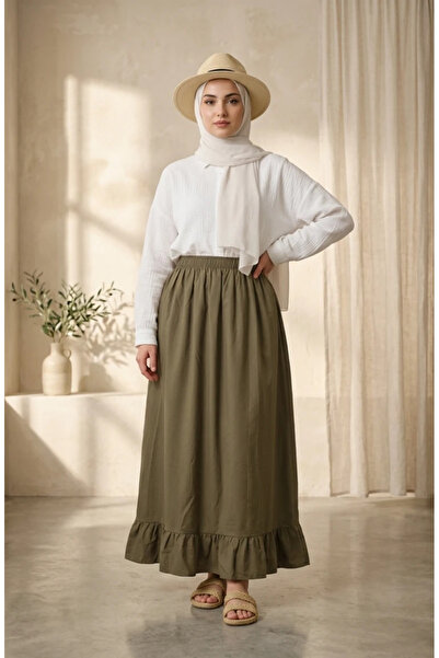 sefamerve Elastic Waist Ruffle Skirt 0350-03 Khaki