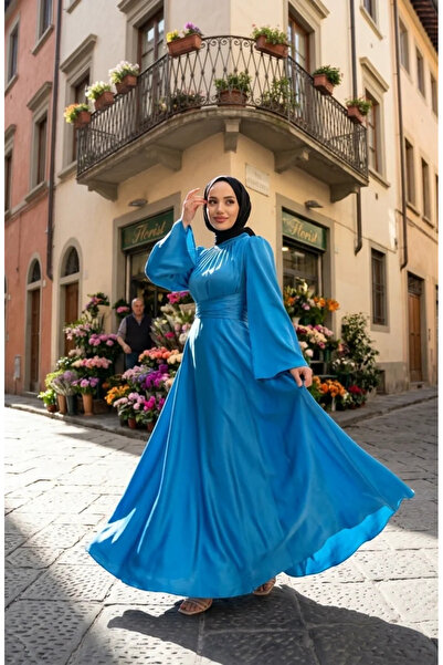 sefamerve Gathered Front Zara Satin Evening Dress 5514-04 Blue