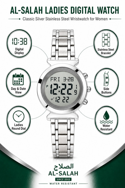 al salah watch AL-SALAH Ladies Digital Wrist Watch for Women – Silver Stainle...