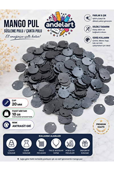 andelart 20 mm Antrasit Gri Mango Pul Çanta Pulu Süsleme Pulu Payet Pul 10 Gr