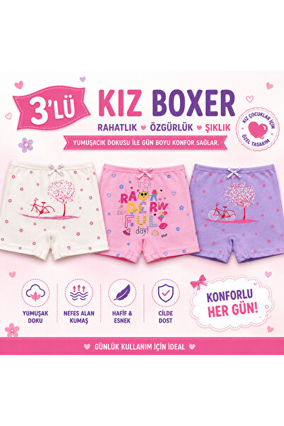 Modare 3lü kız çocuk boxer pamuklu iç çamaşırı renkli