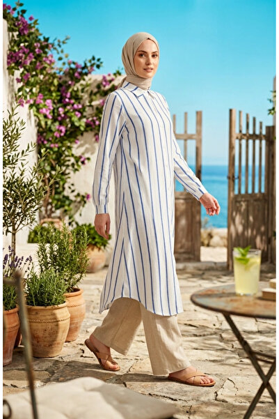 sefamerve Shirt Collar Striped Linen Long Tunic 0354-09 Blue
