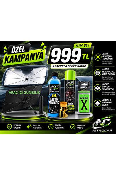 Nitrocar Oto Bakım Seti 5'li Araç Güneşlik Şemsiyesi + Lastik Parlatıcı Jel +...