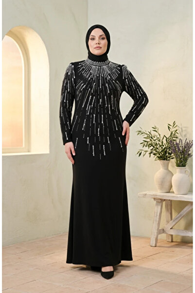 sefamerve Plus Size Stone Embellished Hijab Evening Dress 6403-01 Black