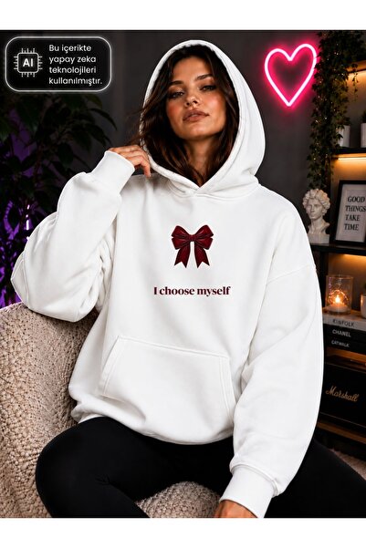 caddekombin Women's Red Bow Printed I Choose Myself Written Hooded Kangaroo P...