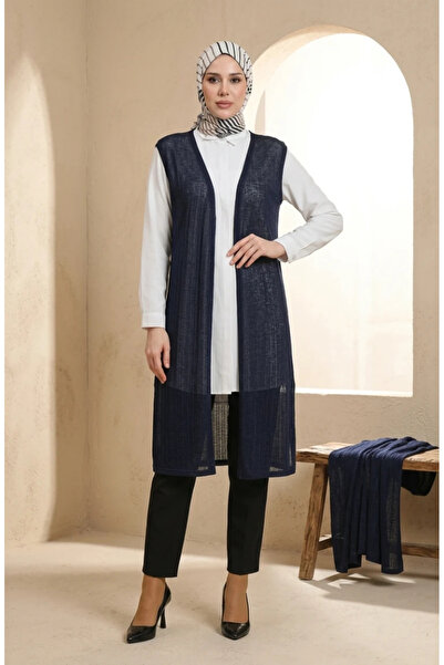 sefamerve Plus Size Long Thin Vest 8739-05 Navy Blue