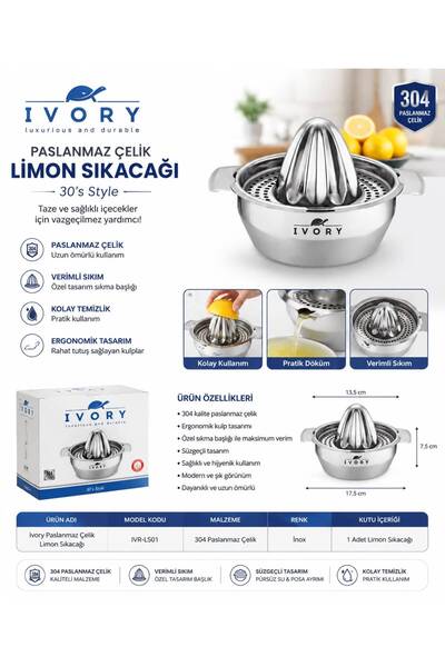 IVORY 304 Paslanmaz Çelik Limon Sıkacağı – Süzgeçli, Ergonomik Kulplu